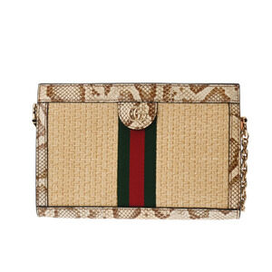Gucci Ophidia GG Chain Shoulder Bag Beige White Straw Python